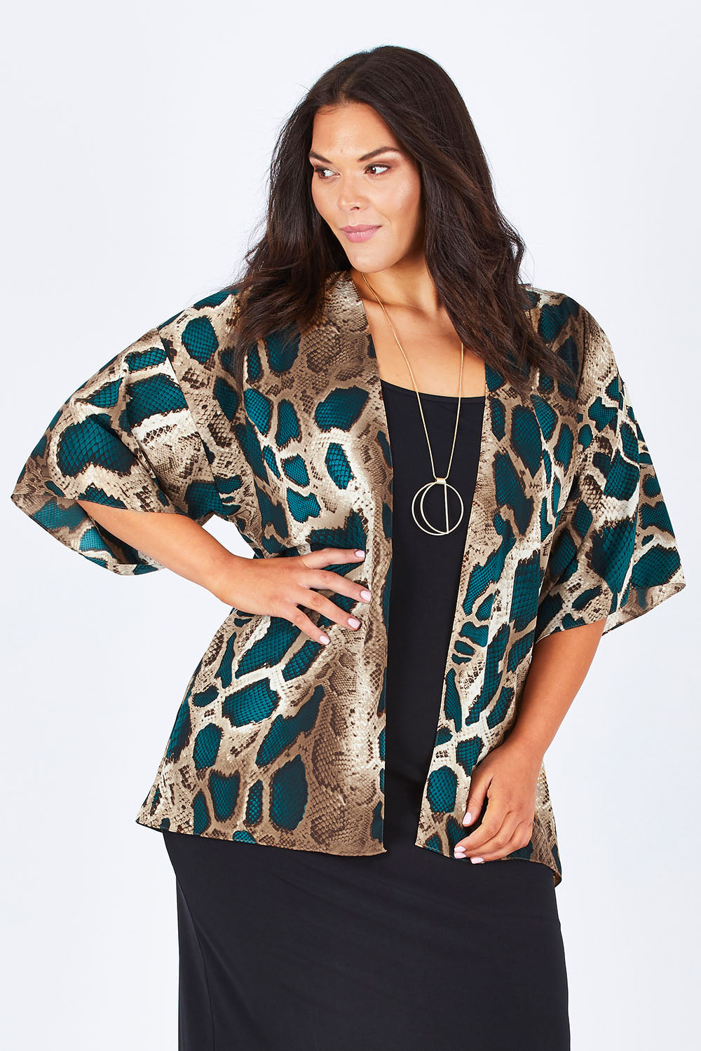 Model Lauren wearing size 16 of the Belle Python Print Kimono Jacket in colour Pythprin (Black), from the front, cropped image