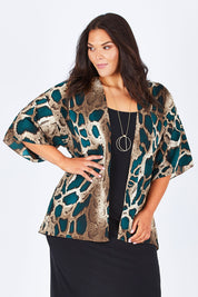 Model Lauren wearing size 16 of the Belle Python Print Kimono Jacket in colour Pythprin (Black), from the front, cropped image