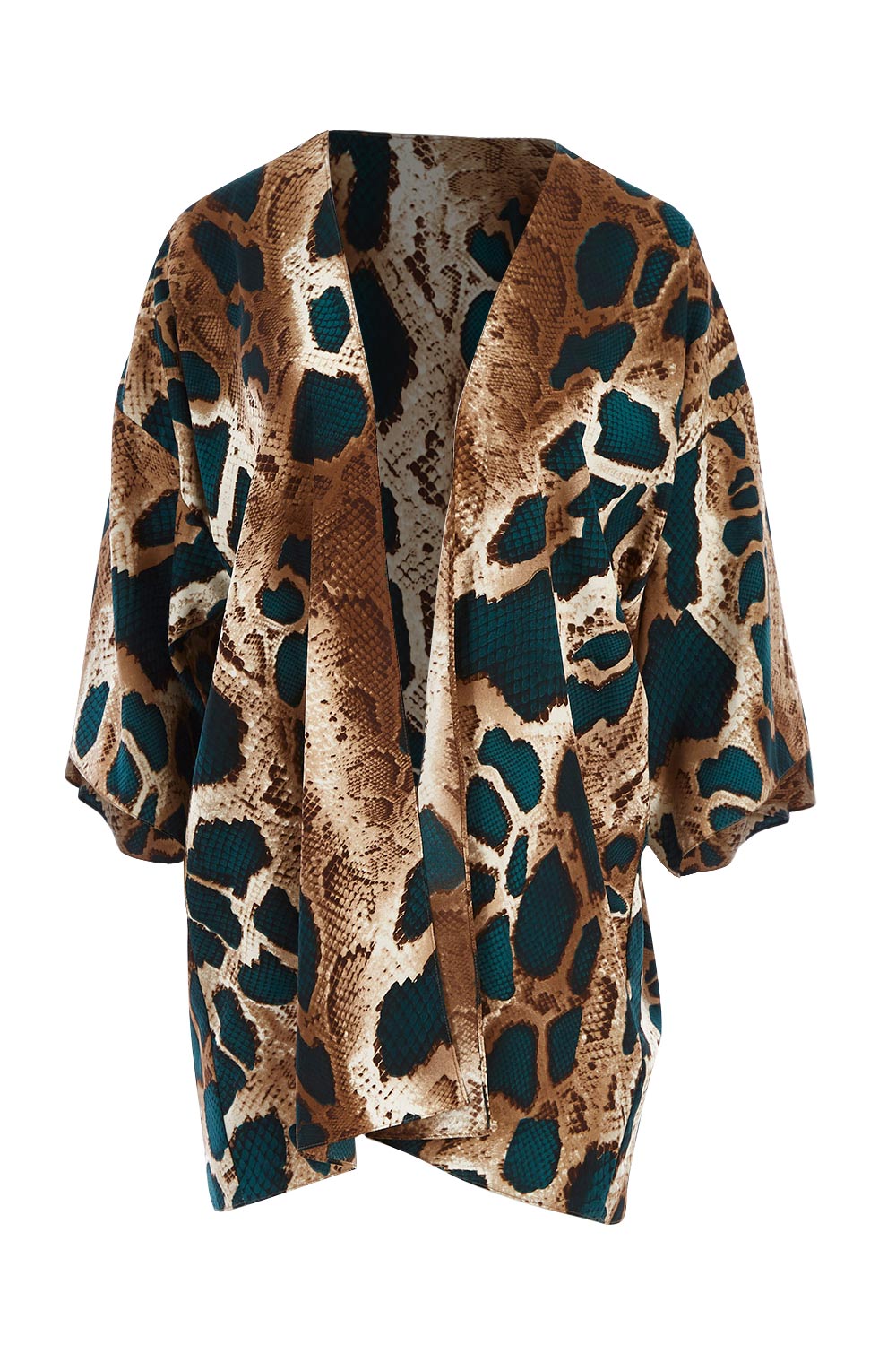 Product shot of the Belle Python Print Kimono Jacket in colour Pythprin (Black), from the front