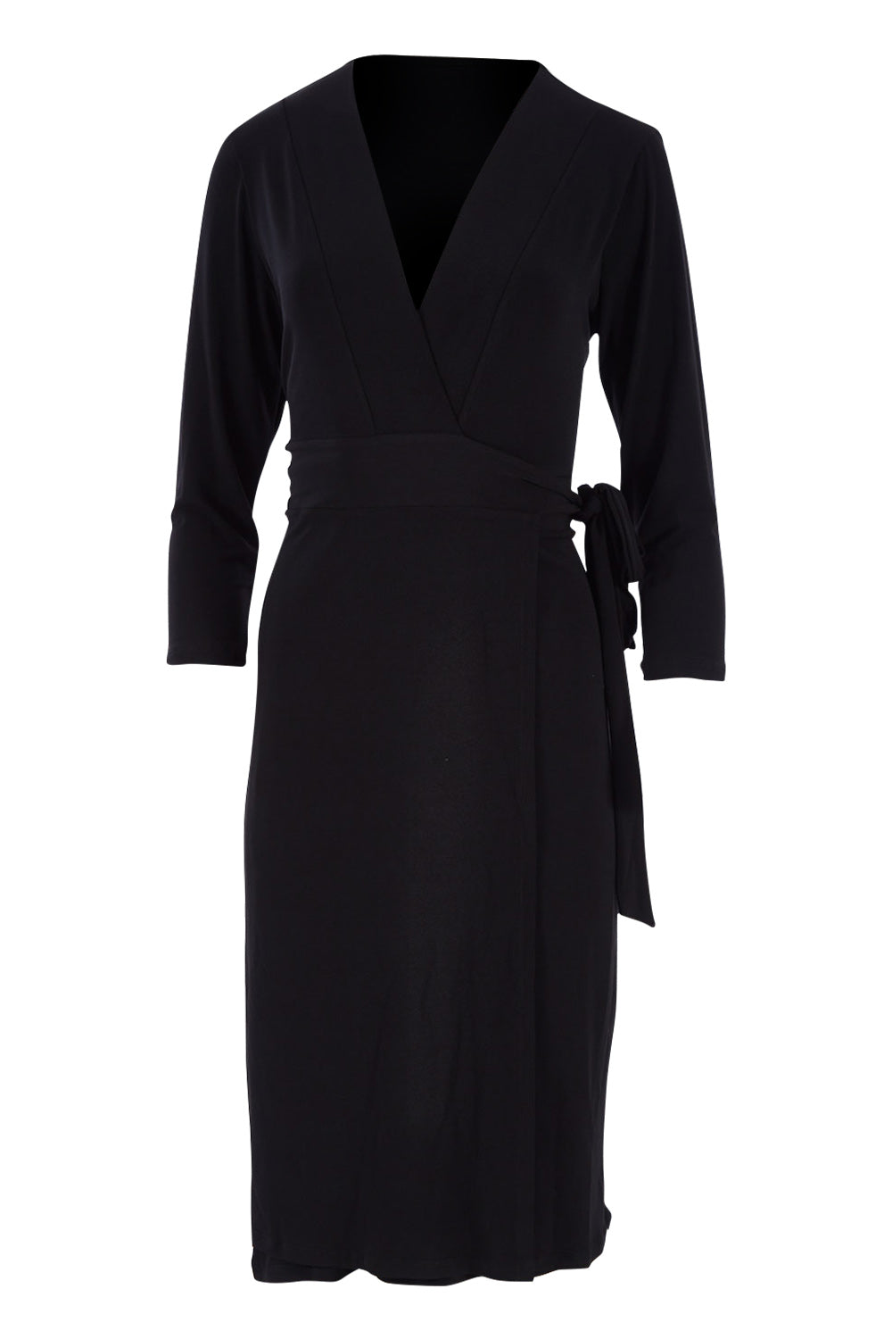 Product shot of the Belle Basic Wrap Dress in colour Black (Black), from the front