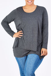 Model Shareefa wearing size 18 of the Belle Forgiver Tunic in colour Charcoal (Grey), from the front, cropped image