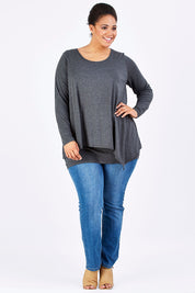 Model Shareefa wearing size 18 of the Belle Forgiver Tunic in colour Charcoal (Grey), from the front, showing the whole outfit
