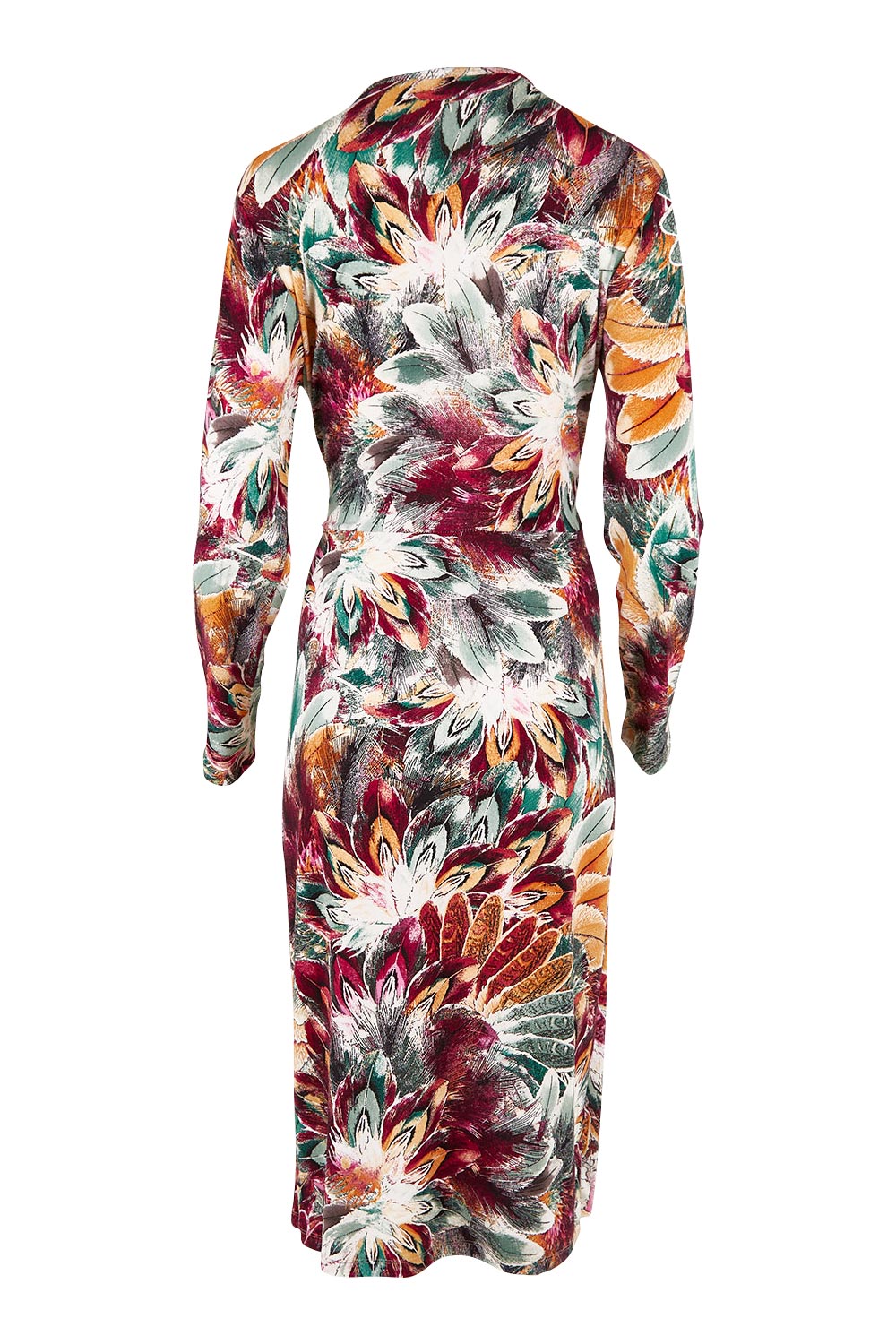 Product shot of the Belle Feather Print Wrap Dress in colour Feather (Green), from the back