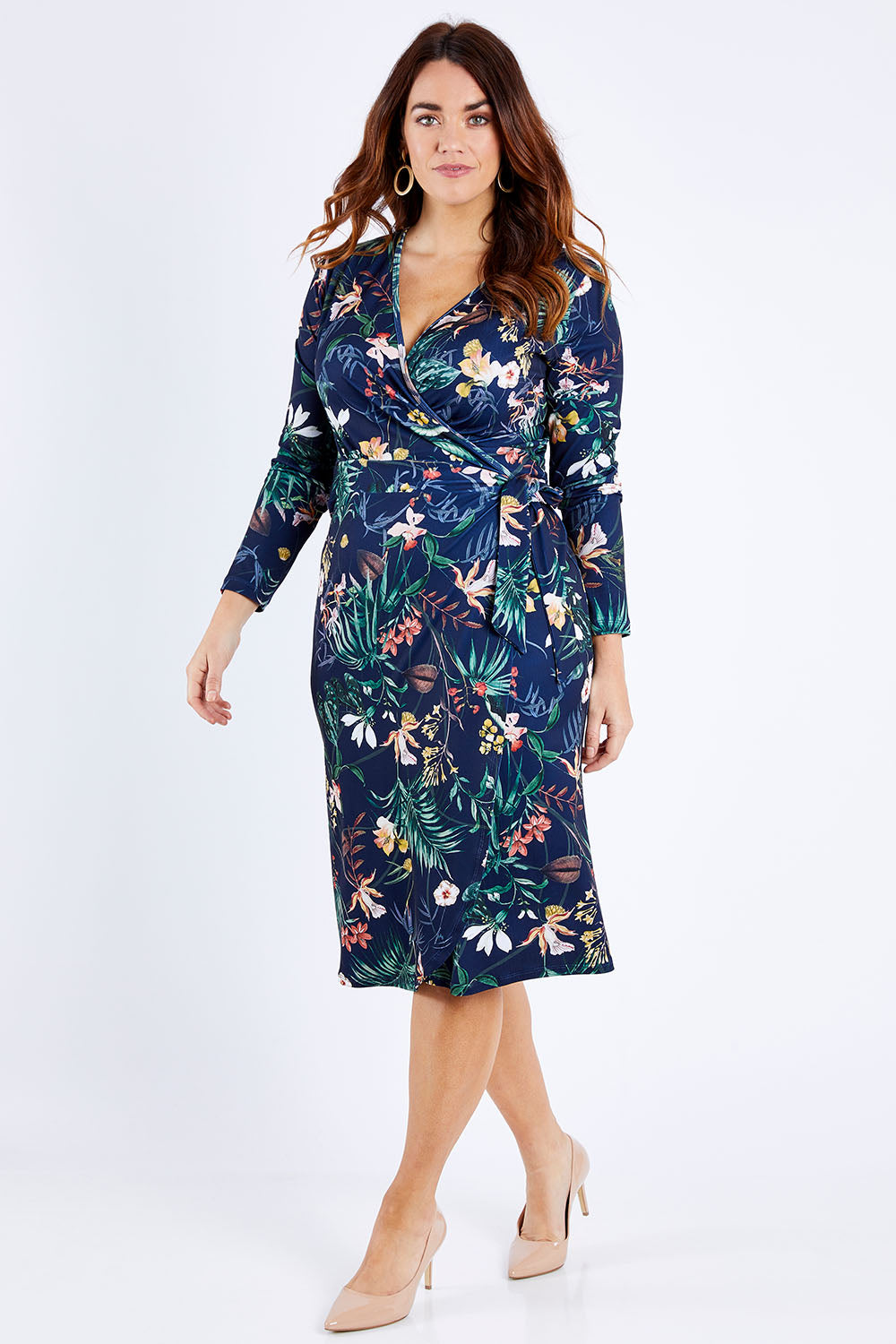 Model Laura wearing size 12 of the Belle Paradise Floral Dress in colour Paradise (Black), from the front, showing the whole outfit