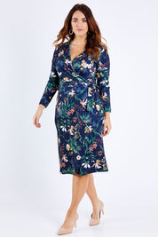 Model Laura wearing size 12 of the Belle Paradise Floral Dress in colour Paradise (Black), from the front, showing the whole outfit