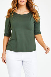Model Laura wearing size 12 of the Belle Boat Neck Tee in colour Khaki (Green), from the front, cropped image