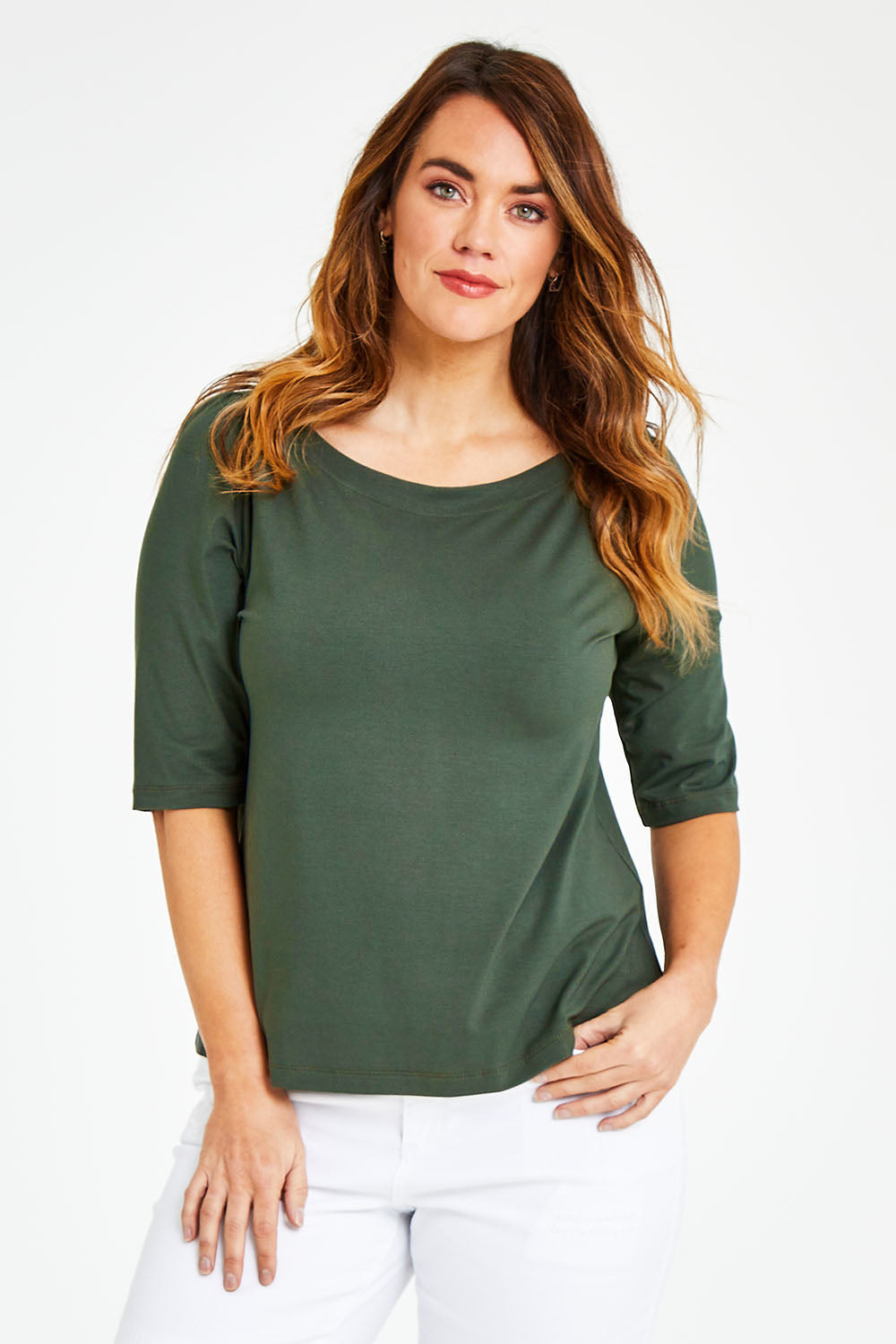 Model Laura wearing size 12 of the Belle Boat Neck Tee in colour Khaki (Green), from the front, cropped image