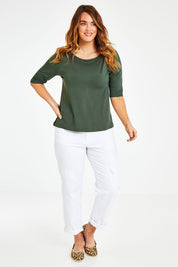 Model Laura wearing size 12 of the Belle Boat Neck Tee in colour Khaki (Green), from the front, showing the whole outfit
