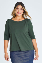 Model Palatina wearing size 16 of the Belle Boat Neck Tee in colour Khaki (Green), from the front, cropped image