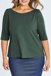 Model Palatina wearing size 16 of the Belle Boat Neck Tee in colour Khaki (Green), from the front, cropped image