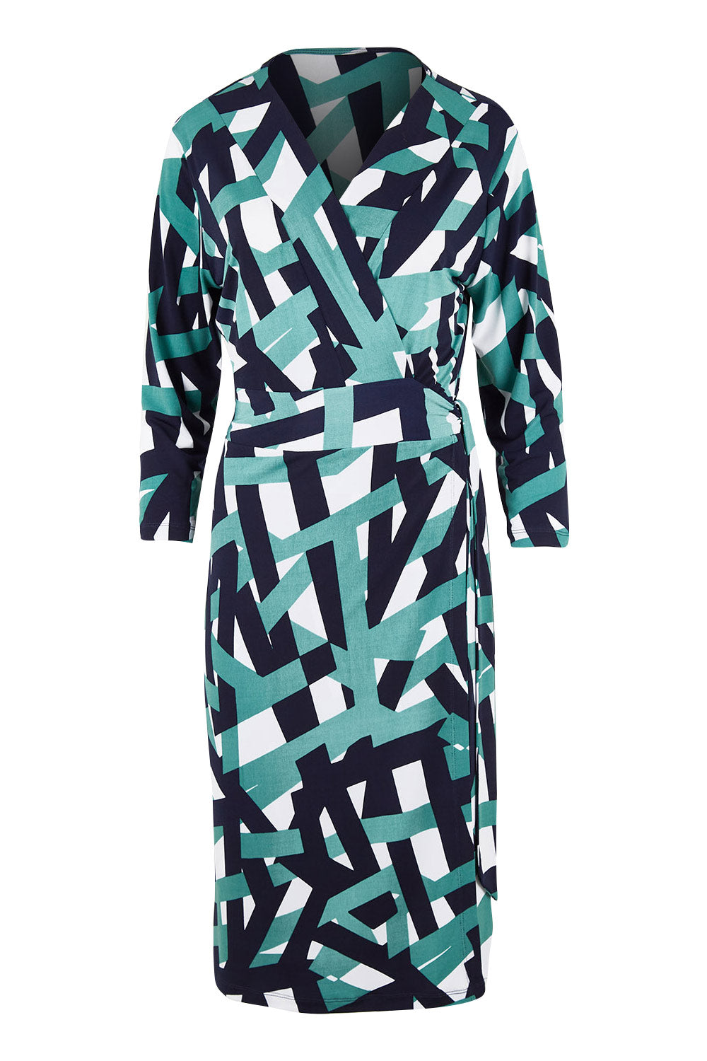 Product shot of the Belle Abstract Wrap Dress in colour Abstract (Green), from the front