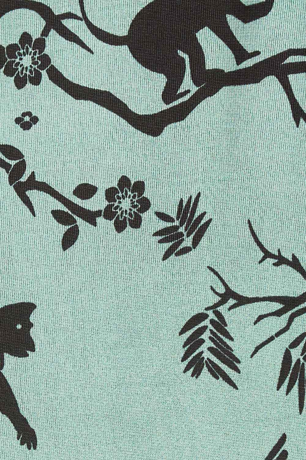 Product shot of the Belle Bird Print Wrap Dress in colour Bird (Green), detail