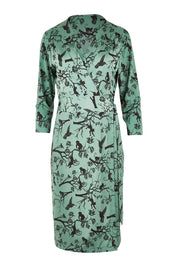 Product shot of the Belle Bird Print Wrap Dress in colour Bird (Green), from the front