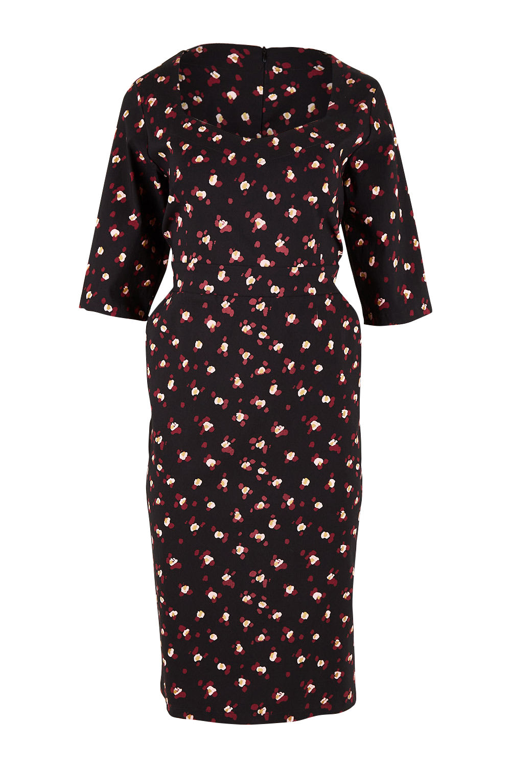 Product shot of the Belle Ditsy Floral Print Bengaline Dress in colour Ditsy (Black), from the front
