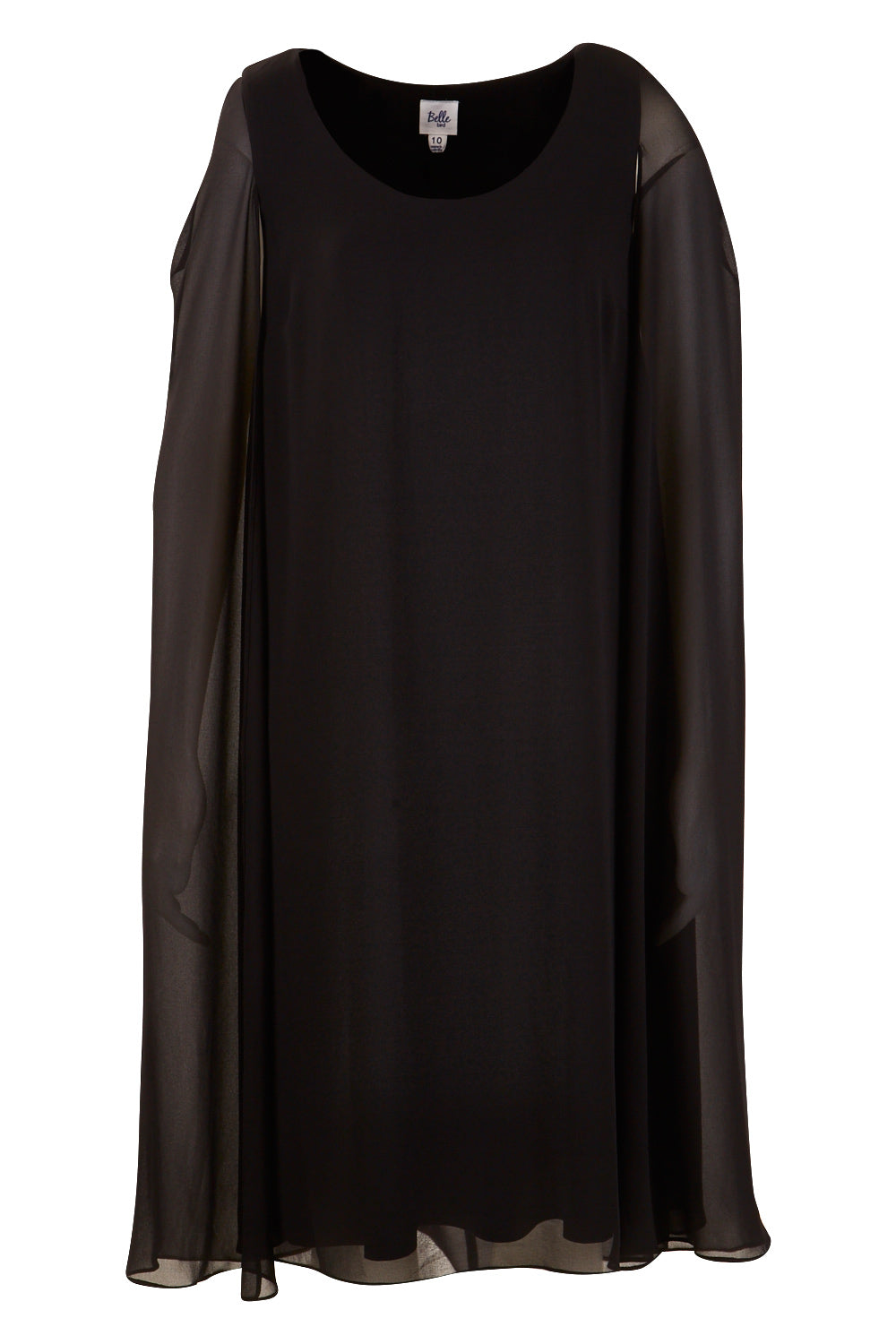 Product shot of the Belle Cape Dress in colour Black (Black), from the front