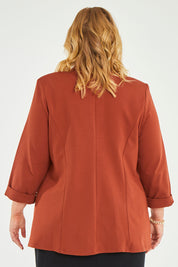 Model Caitlin wearing size 20 of the Belle Long Line Ponte Jacket in colour Ochre, from the back