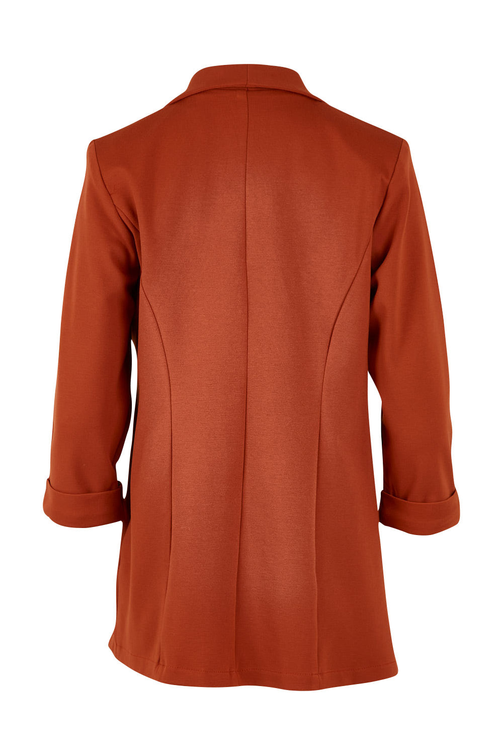 Product shot of the Belle Long Line Ponte Jacket in colour Ochre, from the back