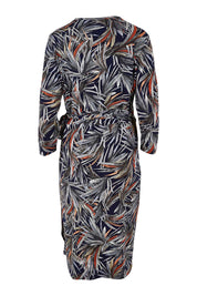 Product shot of the Belle Classic Lined Wrap Jersey Dress in colour Navyprint (Blue), from the back