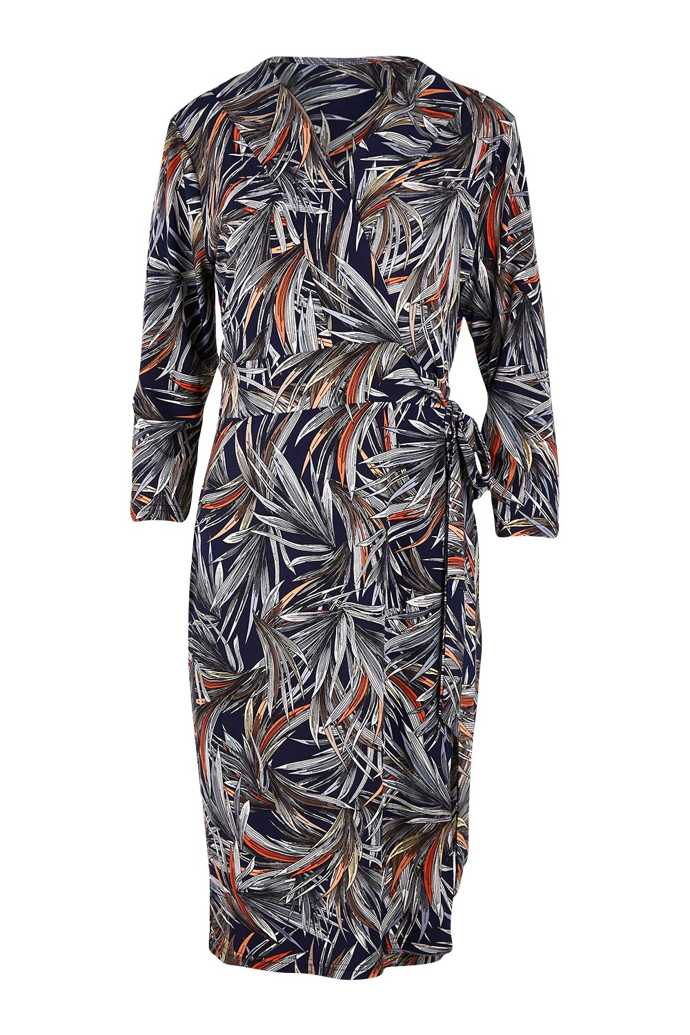 Product shot of the Belle Classic Lined Wrap Jersey Dress in colour Navyprint (Blue), from the front