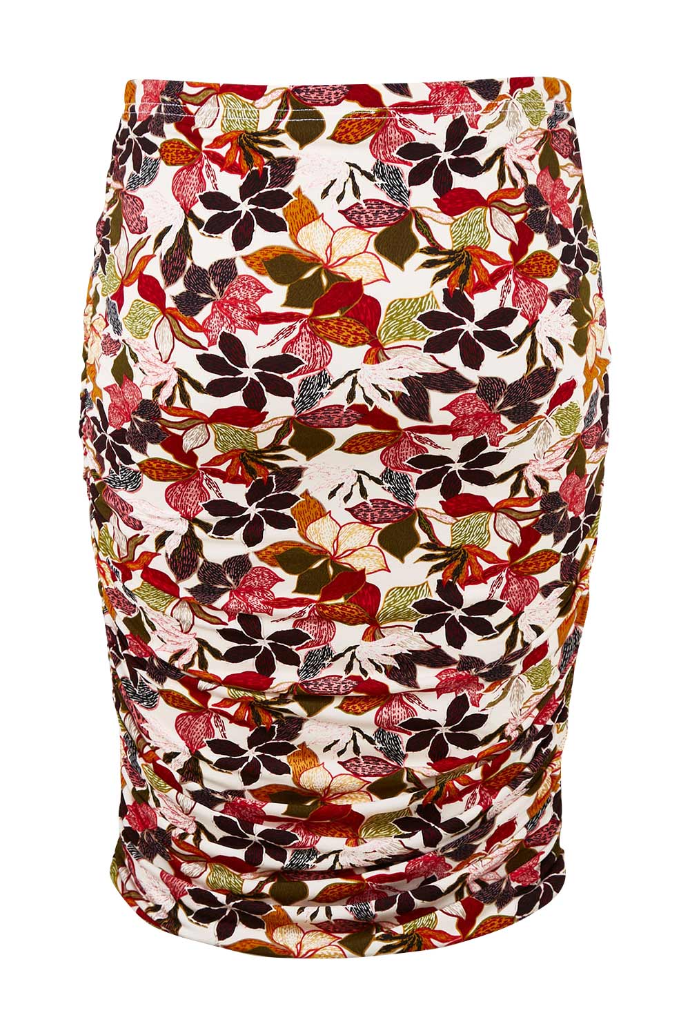 Product shot of the Belle Lined Side Gathered Skirt in colour Floral (White), from the back