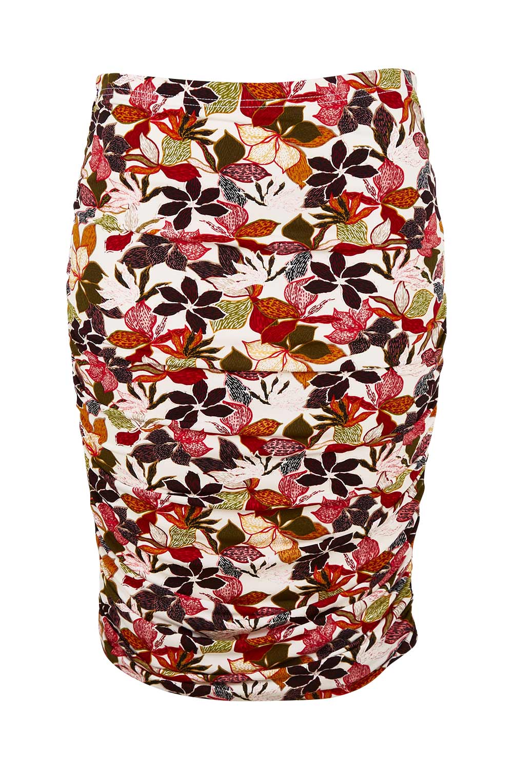 Product shot of the Belle Lined Side Gathered Skirt in colour Floral (White), from the front