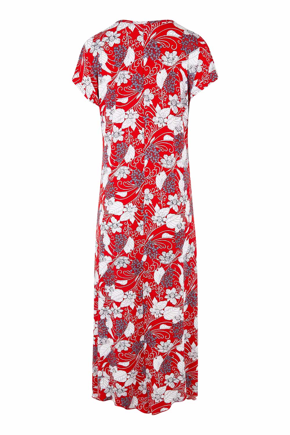 Product shot of the Belle High Low Dress With Pockets in colour Redfloral (Red), from the back