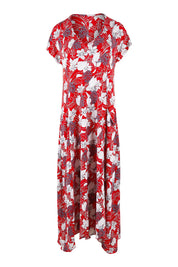 Product shot of the Belle High Low Dress With Pockets in colour Redfloral (Red), from the front