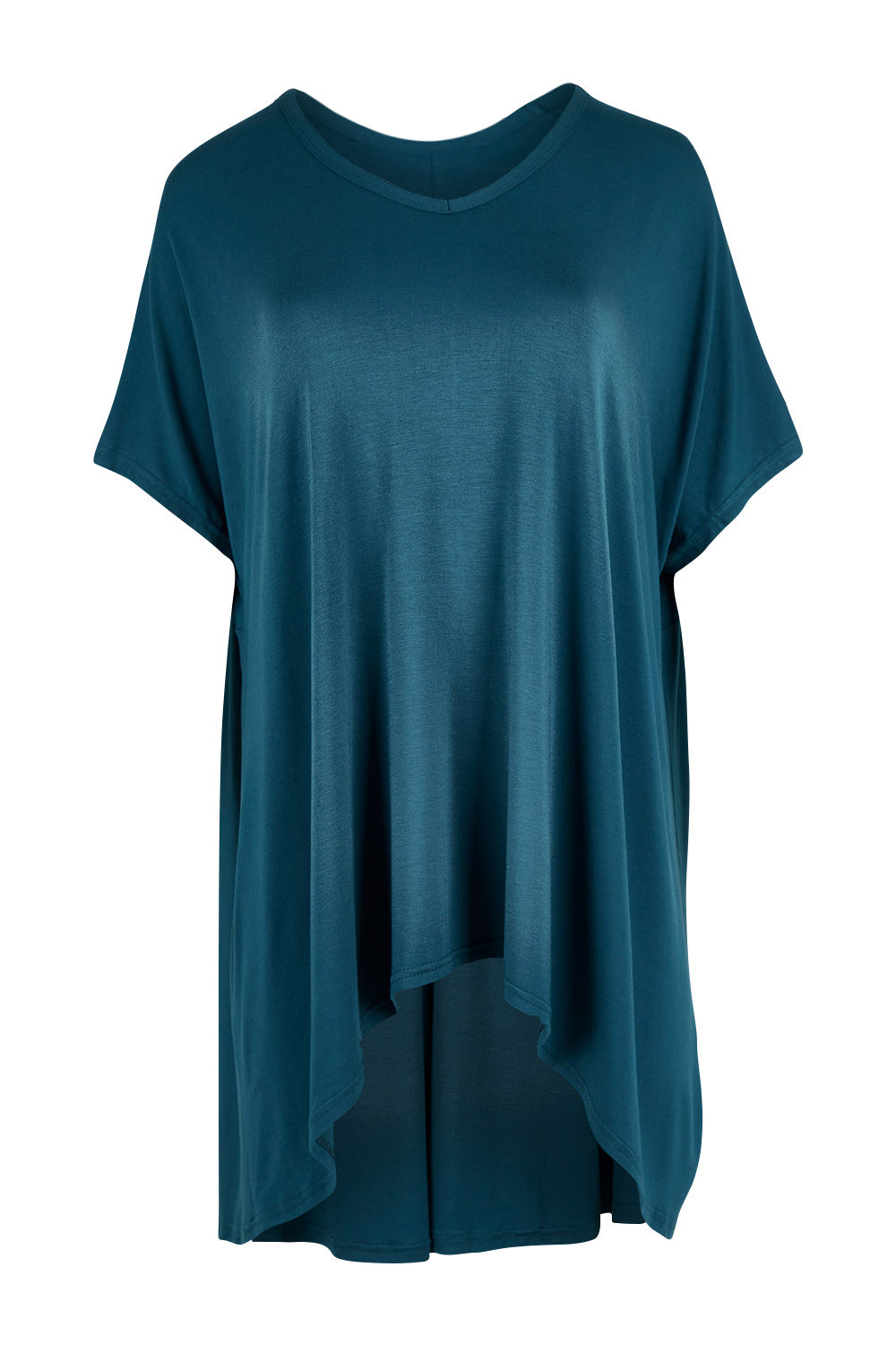 Product shot of the Belle High Low Bamboo Tee in colour Petrol (Blue), from the front
