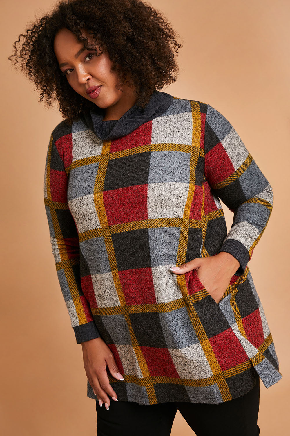 Model Alexis wearing size 16 of the Belle Roll Neck Tunic in colour Multiprint (Grey), from the front, cropped image