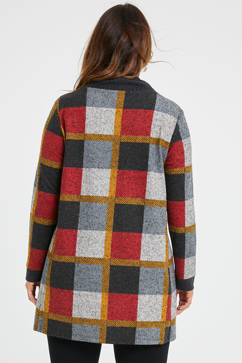 Model Laura wearing size 14 of the Belle Roll Neck Tunic in colour Multiprint (Grey), from the back