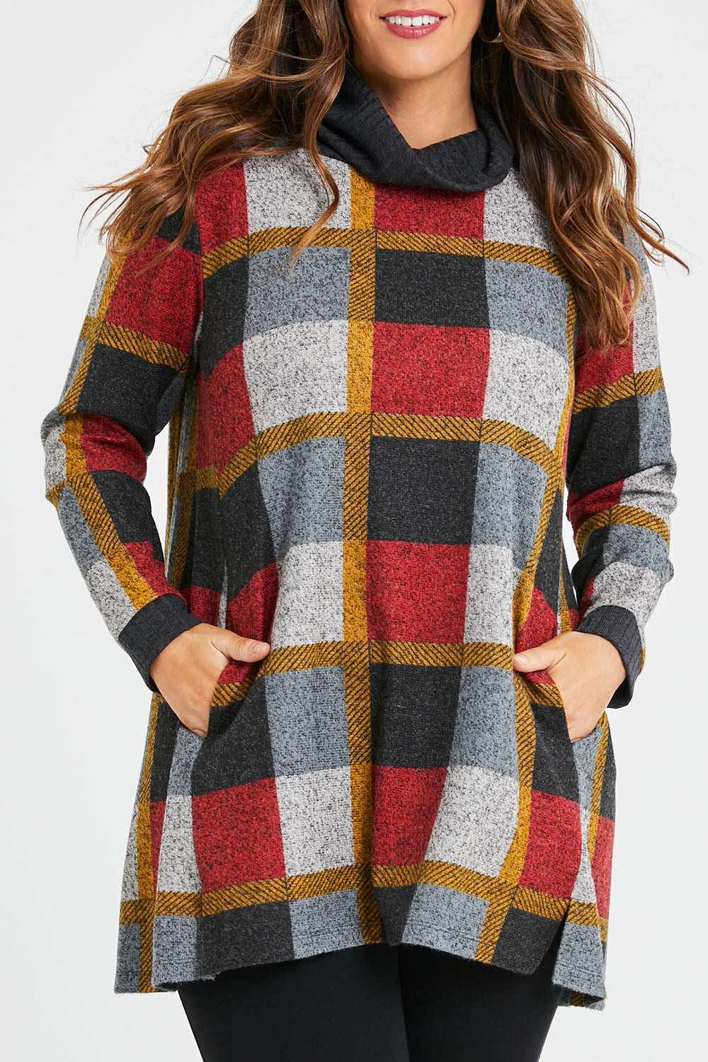 Model Laura wearing size 14 of the Belle Roll Neck Tunic in colour Multiprint (Grey), from the front, cropped image