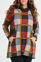 Model Laura wearing size 14 of the Belle Roll Neck Tunic in colour Multiprint (Grey), from the front, cropped image