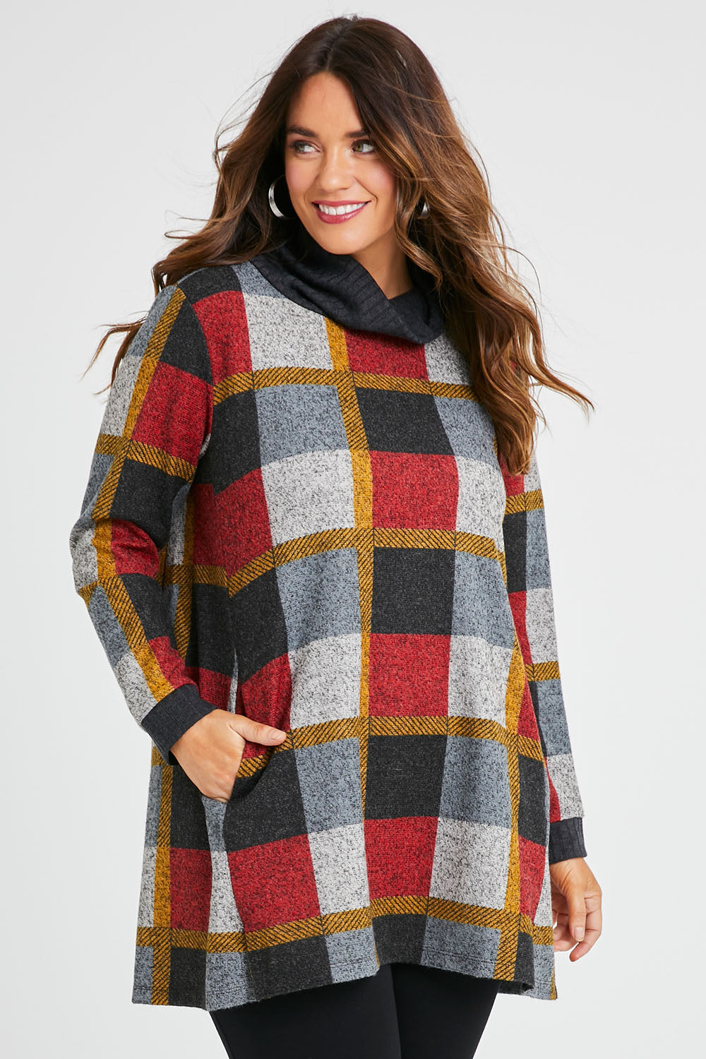 Model Laura wearing size 14 of the Belle Roll Neck Tunic in colour Multiprint (Grey), from the front, cropped image