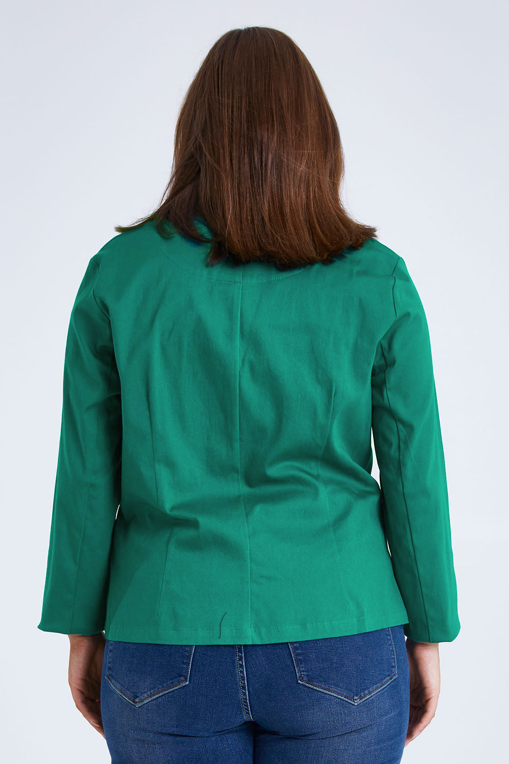 Model Monique wearing size 14 of the Belle Stretch Classic Blazer in colour Teal (Green), from the back