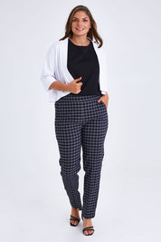 Model Monique wearing size 14 of the Belle Cotton Sateen Cropped Jacket in colour White (White), from the front, showing the whole outfit
