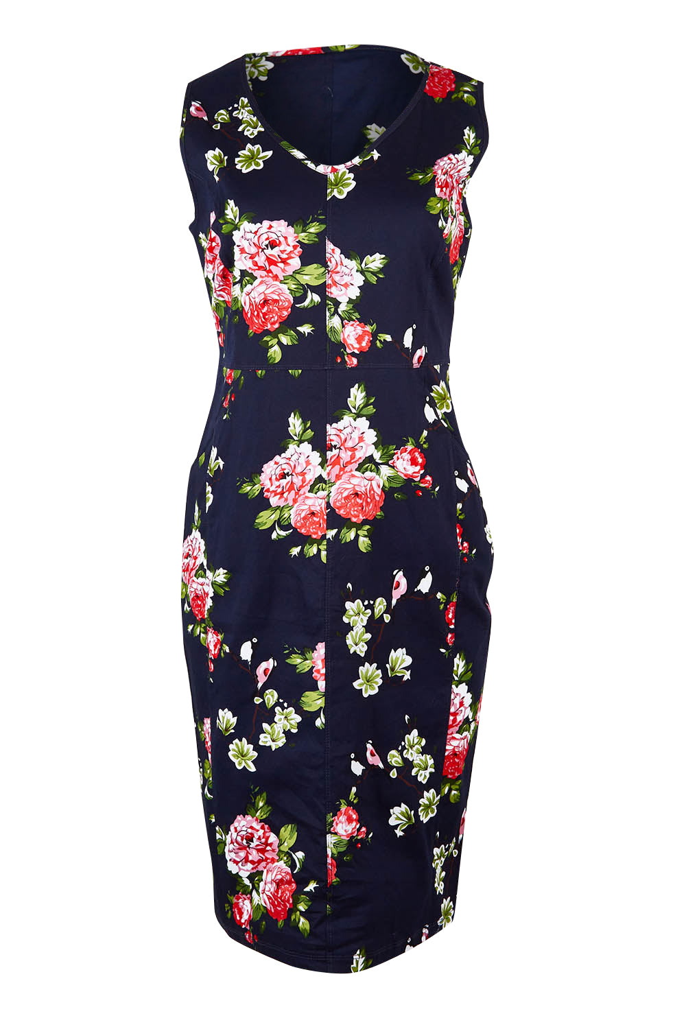 Product shot of the Belle V Neck Cotton Sateen Print  Dress in colour Bluefloral (Blue), from the front