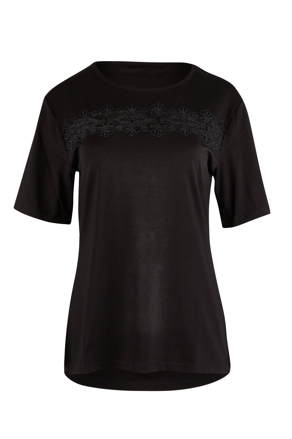 Product shot of the Belle Lace Insert Tee in colour Black (Black), from the front