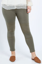 Model Jess wearing size 14 of the Wild Heart Stitched Jeggings in colour Khaki (Green), from the front, cropped image