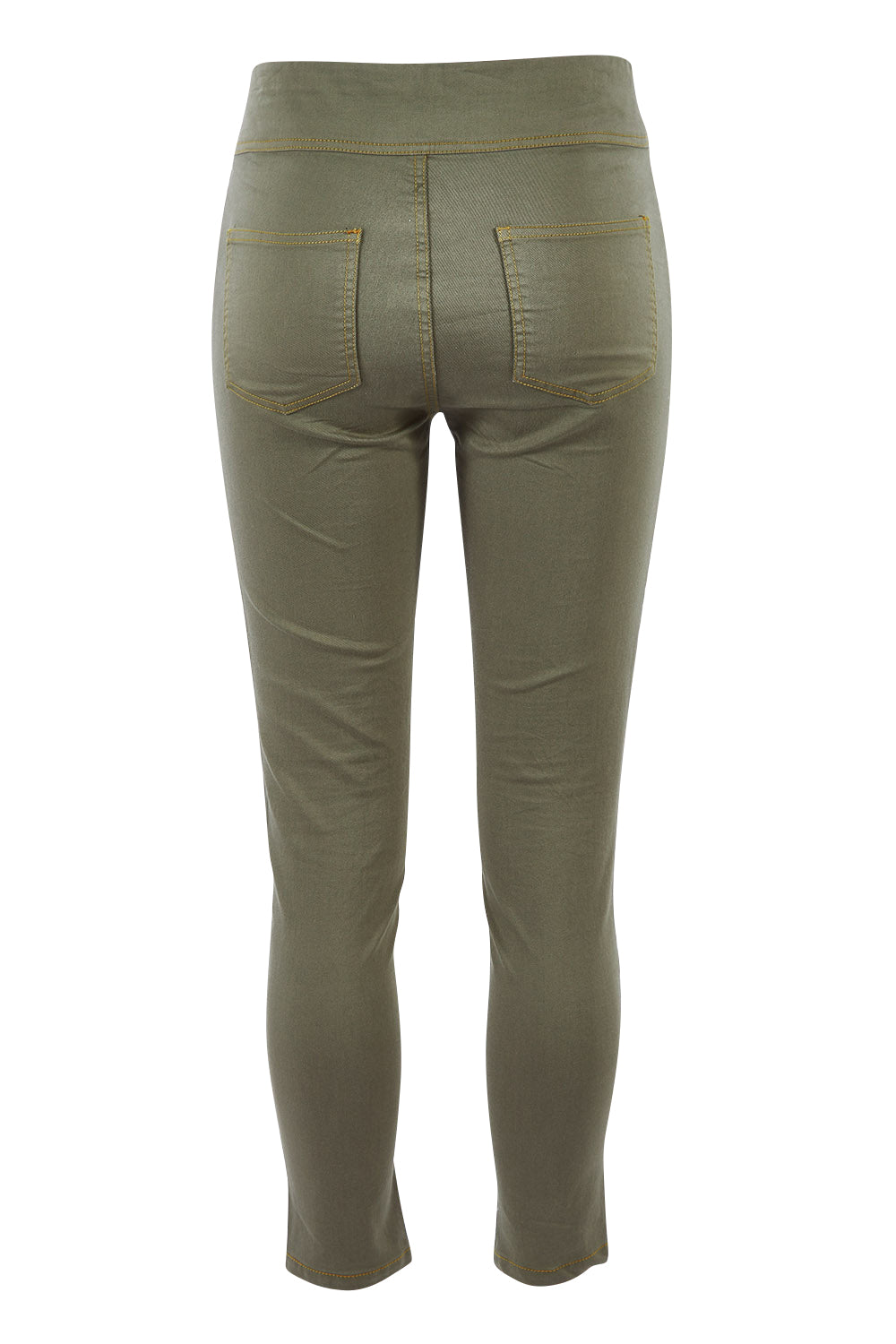 Product shot of the Wild Heart Stitched Jeggings in colour Khaki (Green), from the back