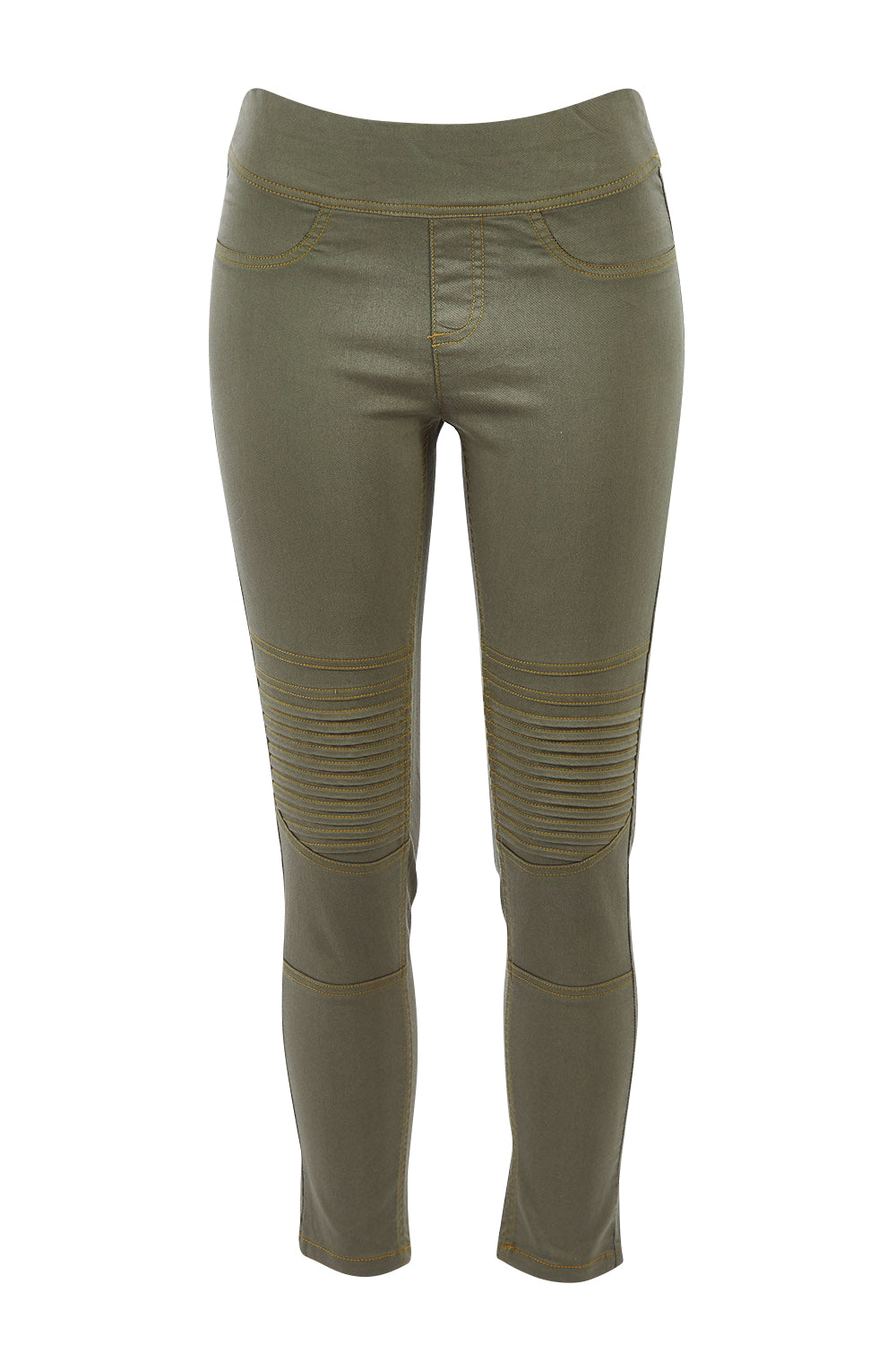 Product shot of the Wild Heart Stitched Jeggings in colour Khaki (Green), from the front