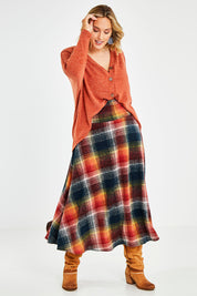 Model Jess wearing size 14 of the Chasing The Clouds Away Maxi Skirt in colour Sunset (Black), from the front, showing the whole outfit