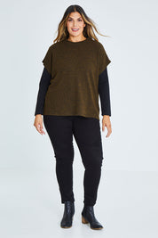 Model Palatina wearing size 16 of the All For You Crew Top in colour Khaki (Green), from the front, showing the whole outfit