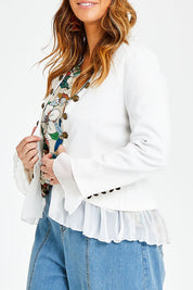 Model Laura wearing size 14 of the Commander Of Love Jacket in colour Milk (White), from the front, cropped image