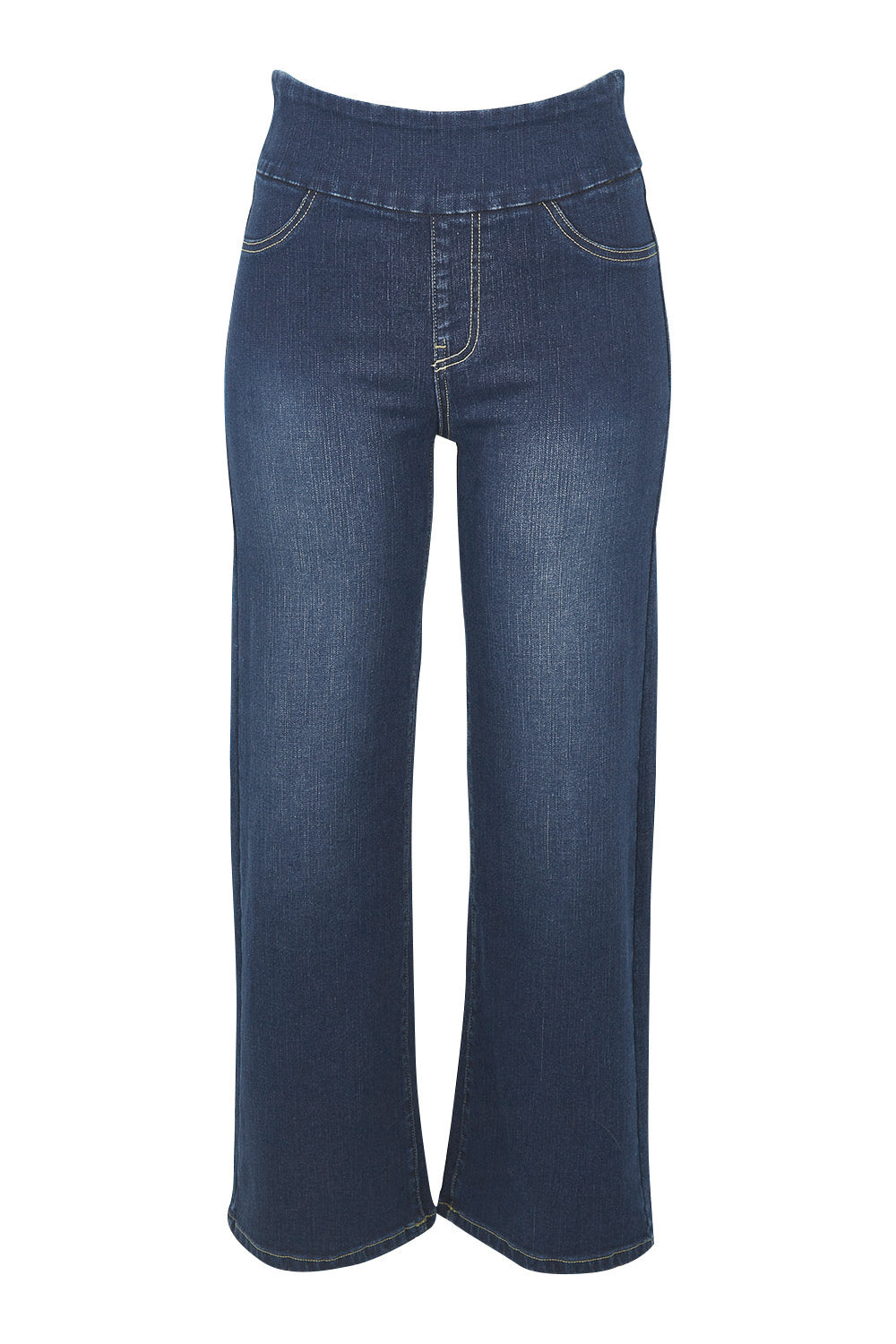 Product shot of the Easy As Pull On Jeans in colour Darkdenim (Blue), from the front