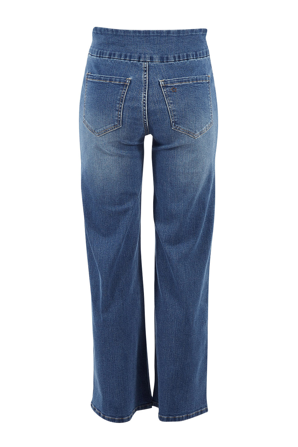 Product shot of the Easy As Pull On Jeans in colour Denim (Blue), from the back