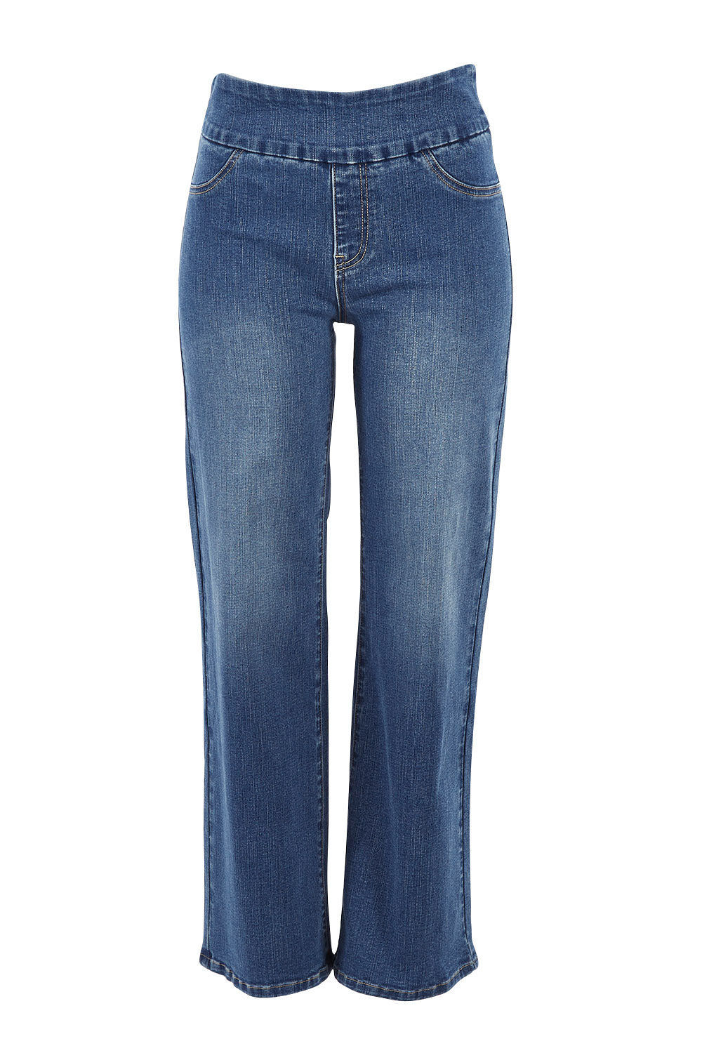 Product shot of the Easy As Pull On Jeans in colour Denim (Blue), from the front