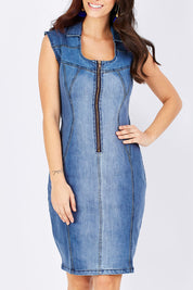 Model Georgia wearing size 10 of the Adore Me Denim Dress in colour Denim (Blue), from the front, cropped image