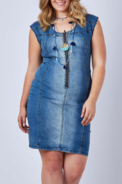 Model Kate wearing size 16 of the Adore Me Denim Dress in colour Denim (Blue), from the front, cropped image