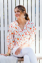 Model Ilona wearing size 10 of the Sweet Pea Cotton Blouse in colour White (White), from the front, showing the whole outfit