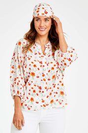 Model Laura wearing size 14 of the Sweet Pea Cotton Blouse in colour White (White), from the front, cropped image